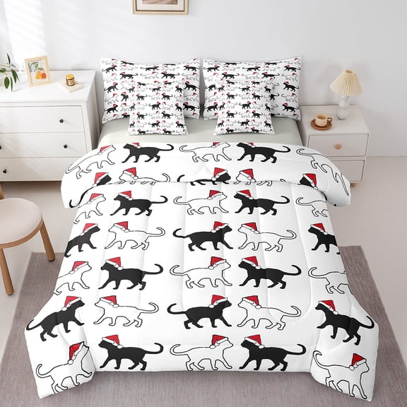 Erosebridal Kawaii Pet Print Bedding Full Size, Christmas Hat Bed Set, Cute Cartoon Reversible Bed in a Bag Full size, Ultra Soft Bedroom Decor, 7-Piece