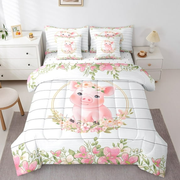 Erosebridal Kawaii Pig Bedding Sets Queen Size, Pink Flower Comforter Sets with Sheets, Cartoon Farm Animal Room Decor Super Cozy 7 Pieces