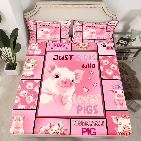 Erosebridal Kawaii Pig Fitted Sheet Set Twin,Pink Flower Bedding Twin Size,Kawaii Cute Fitted Sheet Twin,Microfiber Animal Bedroom Decoration(Fitted Sheet,Pillowcase),2pcs