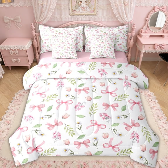 Erosebridal Kawaii Pink Bow Bedding Comforter Set for Girls, Tulip Groovy Flower Plant Queen Bedding Sets, Pink Reversible, 7-Piece