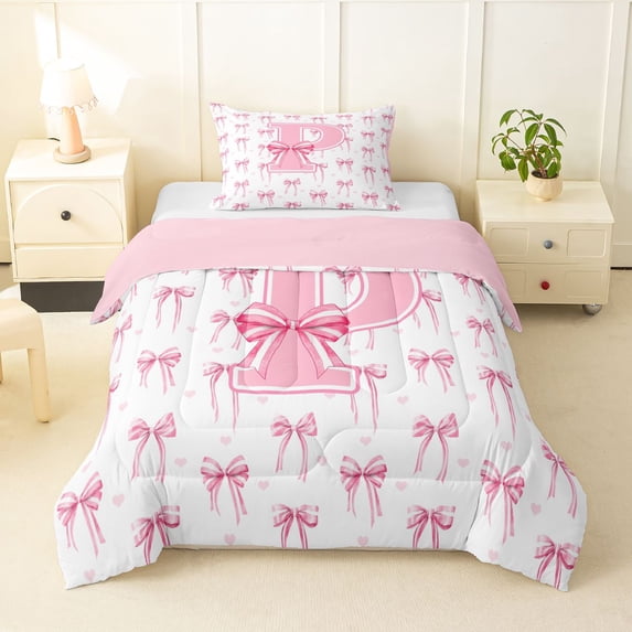 Erosebridal Kawaii Pink Bow Twin Comforter Sets 3-Piece For Girls Twin Comforter Sets 3-Piece,Personalized Initial P Bedding Set,Pink Reversible