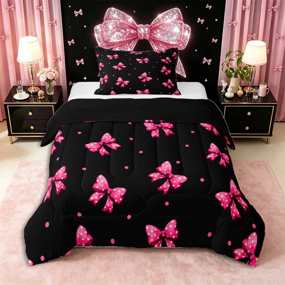 Erosebridal Kawaii Pink Bow Twin Comforter Sets 3-Piece for Teens,Kids Girls Cartoon Polka Dots Bedding Set,Black Reversible,Microfiber Bedroom Decor