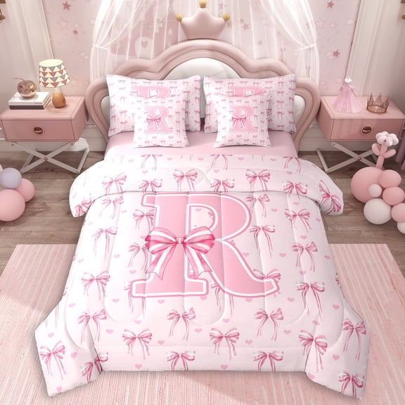 Erosebridal Kawaii Pink Ribbon Bowknot Girl Twin Bedding Sets 7-Piece,Teens Kids Love Heart Letter Monogrammed R Bedding Comforter Set,Pink Reversible