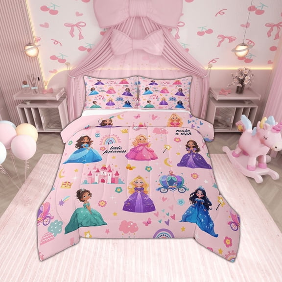 Erosebridal Kawaii Princess Bedding Sets Full with Comforter,Pink Castle Duvet Insert,Floral Butterfly Comforter Sets Full Size,Microfiber Cartoon Room Decor,Reversible,3pcs