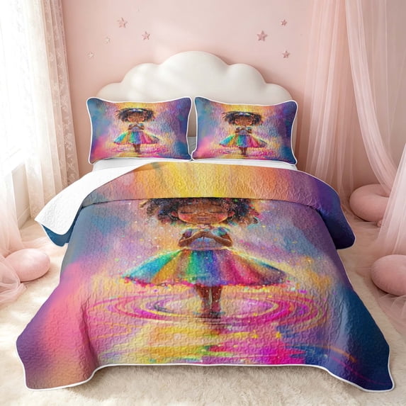 Erosebridal Kawaii Princess Quilt King, Cute Black Girl King Coverlet Set, Stars Reversible, Pastel Prism, 3 Pieces (1 Bedspread and 2 Pillowcases)