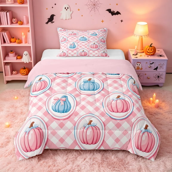 Erosebridal Kawaii Pumpkin Twin Comforter Sets, Buffalo Plaid Bedding Set, White Pink, Pink Reversible, 2 Pieces, 1 Comforter and 1 Pillowcase
