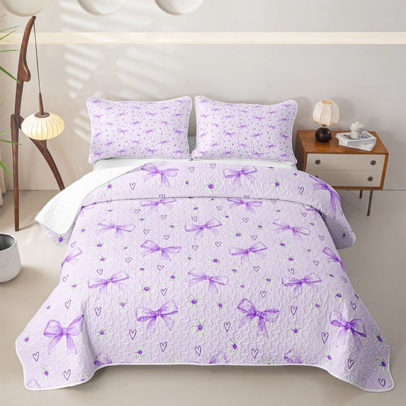 Erosebridal Kawaii Purple Bowknot Quilt Full,Daisy Flowers Love Heart Full Bedspread Sets for Teens Girls