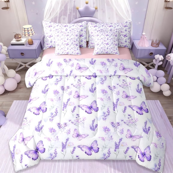 Erosebridal Kawaii Purple Butterflies 7pcs Bedding Comforter Set,Rustic Lavender Blossom Queen Bedding Sets For Girl,Reversible