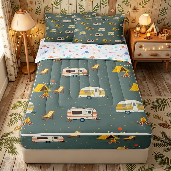 Erosebridal Kawaii RV Car Pattern Zipper Twin Comforter Sets with Fitted Sheet and 2 Pillowcases,Adventure Camping Theme Zipper Bedding Set,Yellow Teal Orange,Reversible