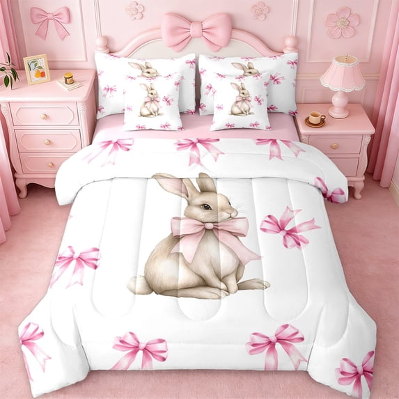 Erosebridal Kawaii Rabbit 7-Piece Bedding Comforter Set For Kids,Pink Coquette Bow King Bedding Sets For Girls,Pink Reversible