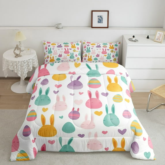 Erosebridal Kawaii Rabbit Bedding Sets with Comforter, Easter Egg Duvet Insert, Colorful Heart Decor, Reversible