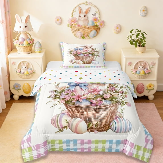 Erosebridal Kawaii Rabbit Bunny Twin Comforter Sets,Cute Easter Eggs Kawaii Blossom Floral Bedding Set For Girls Kids Reversible 2pcs