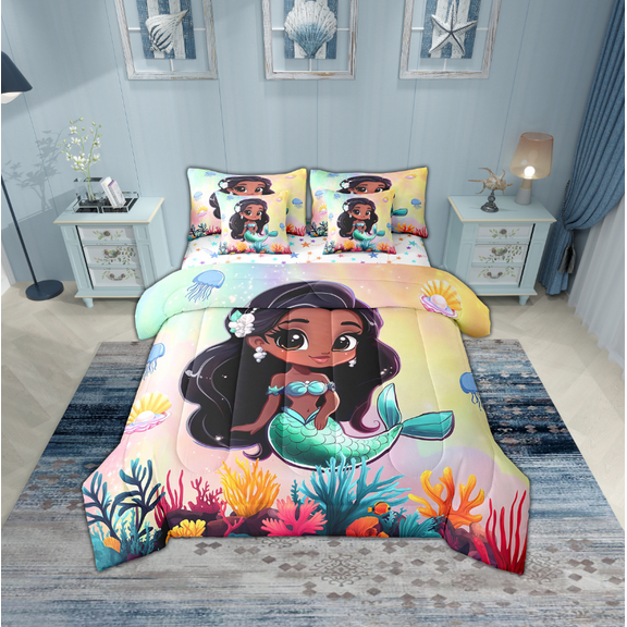 Erosebridal Princess Mermaid Bedding Sets Twin Size,Marine Animal Comforter Sets with Sheets,Sea Room Decorative,Reversible,Breathable,7pcs