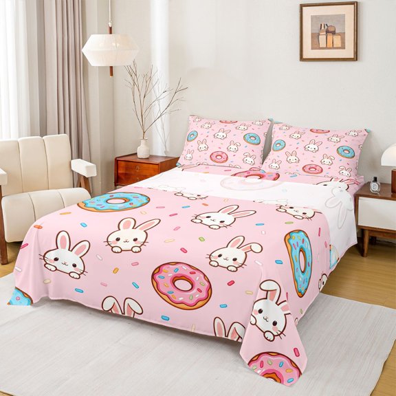 Erosebridal Kawaii Rabbits Donuts Bed Sheets 4pcs For Kids,Happy Easter King Sheets For Girls,Luxury Bedroom Decor