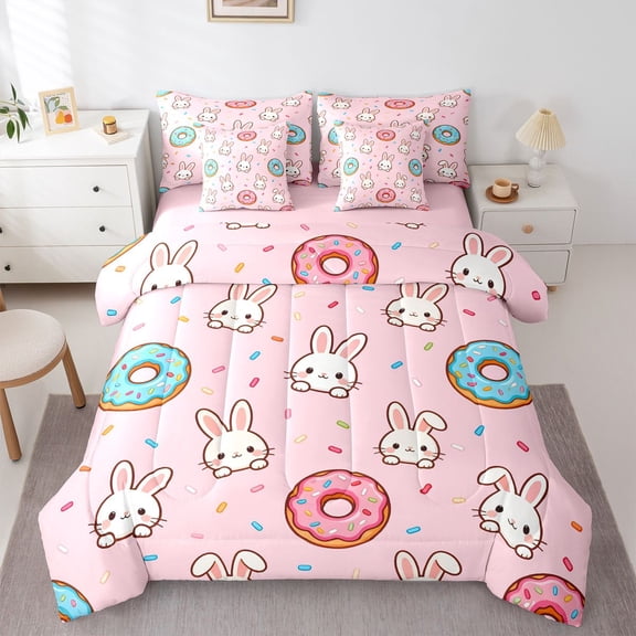 Erosebridal Kawaii Rabbits Donuts Bedding Comforter Set 7 Pieces For Kids,Happy Easter Full Bedding Set For Girls,Pink Reversible