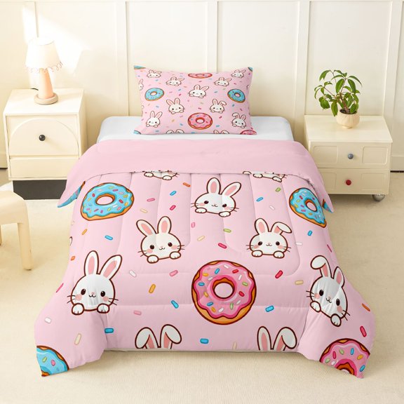 Erosebridal Kawaii Rabbits Donuts Twin Comforter Sets 3-Piece For Kids,Happy Easter Bedding Set For Girls,Pink Reversible