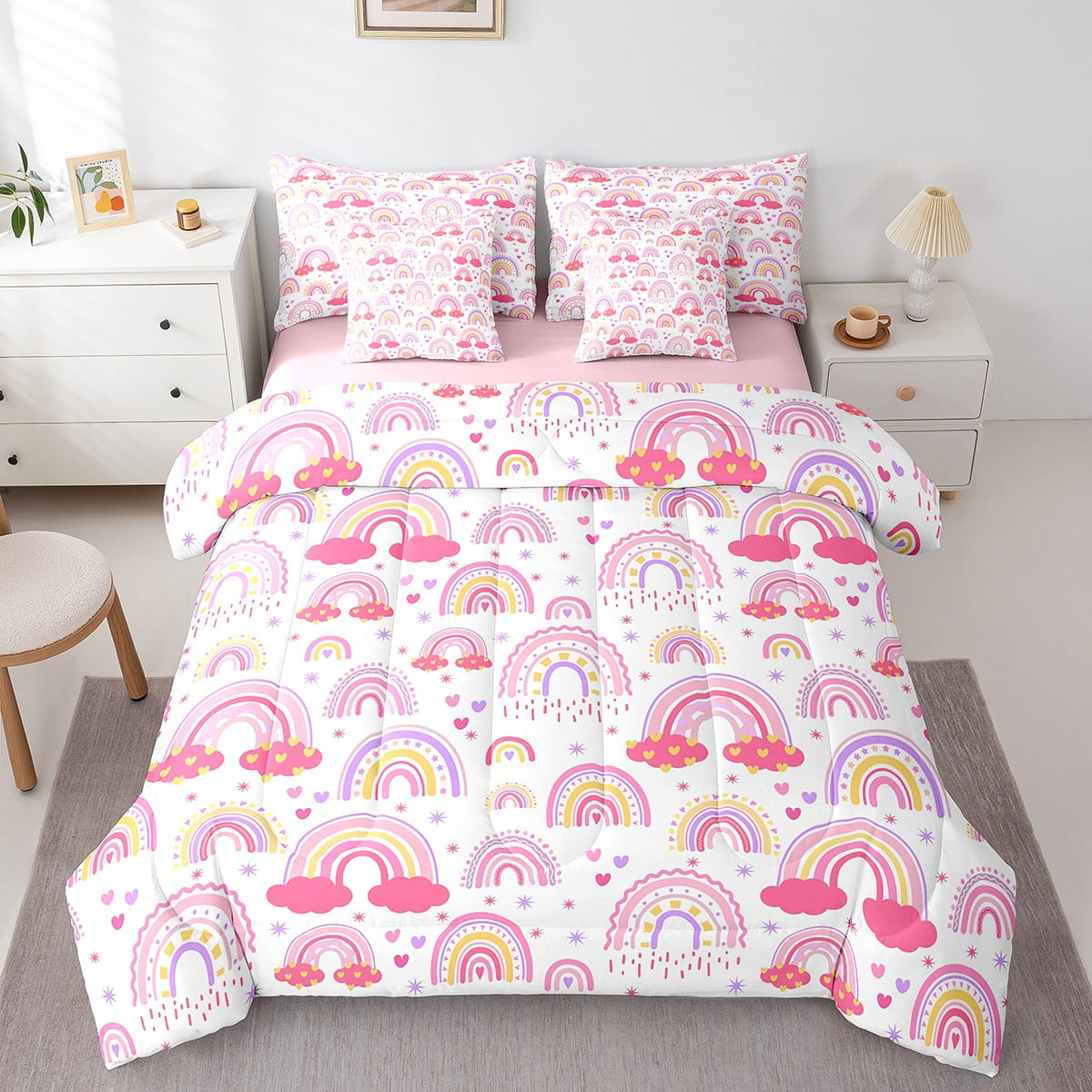 Erosebridal Rainbow Bedding Set for Kids Girls Teens Women Tie Dye Pastel Comforter Set Twin Size Golden Stars Glitter Bedding Comforter Set Watercolo : Erosebridal Rainbow Decor for Girls Bedroom,Rainbow