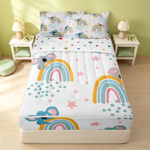 Erosebridal Kawaii Rainbow Zipper Full Size Comforter Sets with Fitted Sheet and 2 Pillowcases, Cartoon Stars Zipper Bedding Set, Polka Dots Reversible, Koala Pastel, Polka Dots Reversible