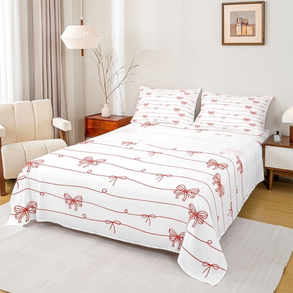 Erosebridal Kawaii Red Bowknot Full Size Sheets For Girls,Cute Bows Kawaii Stars Bed Sheets 4-Piece
