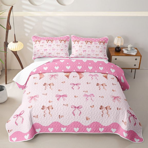 Erosebridal Kawaii Ribbon Bow Bed Spread Queen for Teens, Cartoon Love Heart Queen Coverlet Set, 3 Pieces