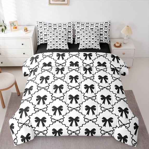 Erosebridal Kawaii Ribbon Bow Twin Bedding Sets 7-Piece For Teens,Kids Girls Geometric Grid Bedding Comforter Set,Black Reversible