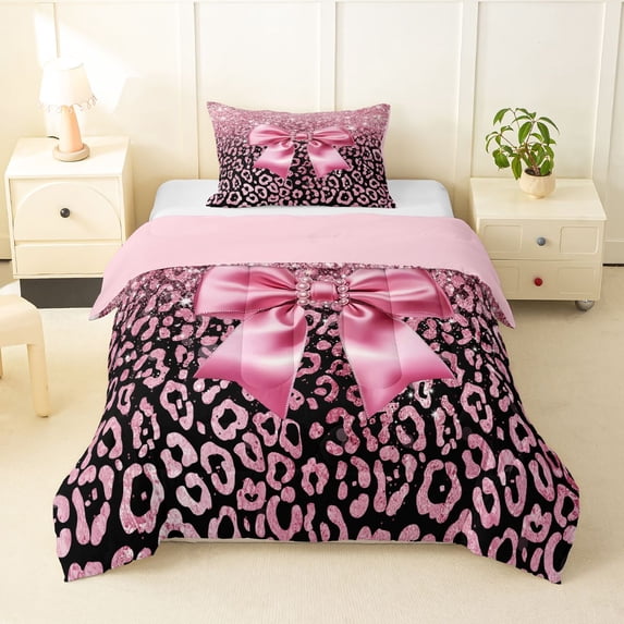 Erosebridal Kawaii Ribbon Bow Twin Comforter Sets 3-Piece For Girls,Leopard Print Glitter Print Bedding Set For Teens,Pink Reversible