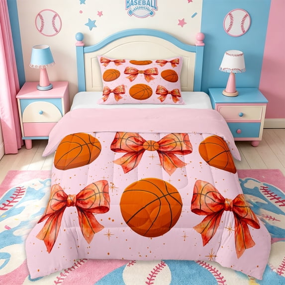 Erosebridal Kawaii Ribbon Bow Twin Comforter Sets,Funny Basketball Print Bowknot Bedding Set For girls Kids,Reversible pink,2 Pieces