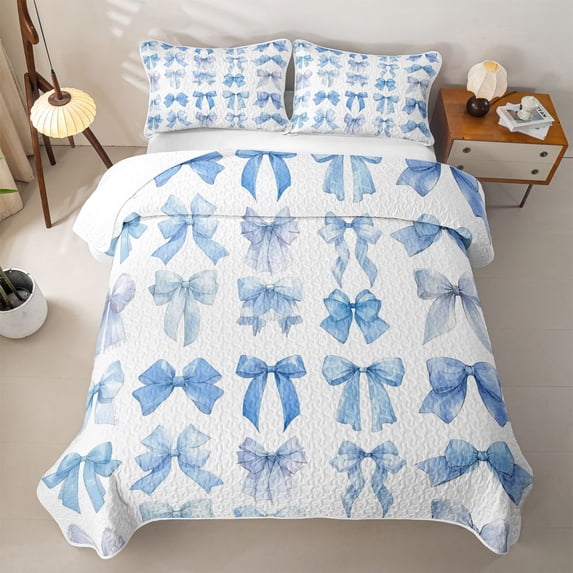Erosebridal Kawaii Ribbon Bowknot Bed Spread Queen,Girly Bowtie Ribbon Kids Queen Coverlet Set,3-Piece