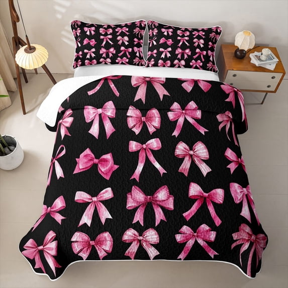 Erosebridal Kawaii Ribbon Bowknot Kids Twin Quilt Set,Girls Pink Bow-Tie Twin Coverlet Set,2pcs