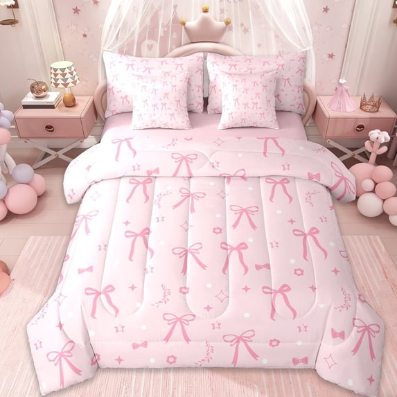 Erosebridal Kawaii Ribbon Bowtie Kids 7-Piece Bedding Comforter Set,Girls Pink Bow King Bedding Sets,Pink Reversible