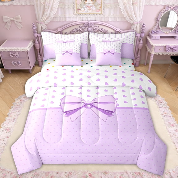 Erosebridal Kawaii Ribbon Heart Bedding Comforter Set, Purple Princess Polkadots King Bedding Sets for Girls Kids Teens, Polka Dot Reversible, 7-Piece