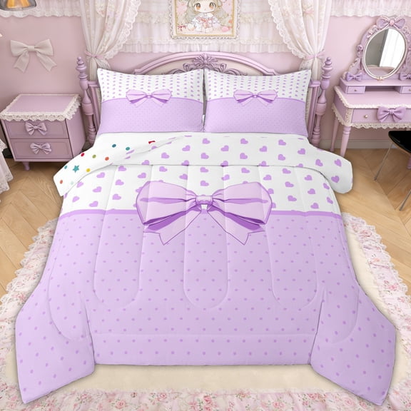 Erosebridal Kawaii Ribbon Heart Queen Comforter Set, Purple Princess Polkadots Bedding Comforter Set for Girls Kids Teens, Polka Dot Reversible, 3-Piece