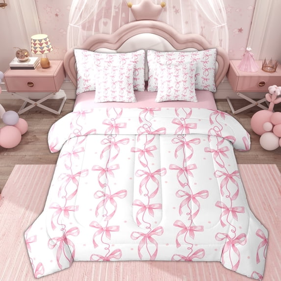 Erosebridal Kawaii Ribbon Twin Bedding Sets 7-Piece for Kid, Butterfly Knot Bedding Comforter Set, White Pink