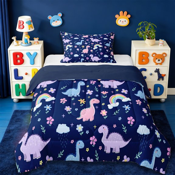 Erosebridal Kawaii Rinbow Dinosaur Twin Comforter Sets,Cartoon Dino Cute Flowers Blossom Bedding Set For Girls, Reversible 2 Pieces
