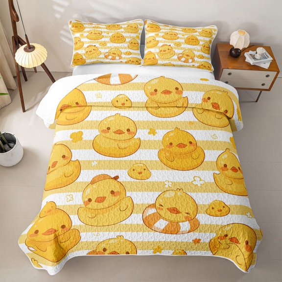 Erosebridal Kawaii Rubber duck Bed Spread Queen for Boys Girls, Yellow Stripe Lines Queen Coverlet Set, 3-Piece