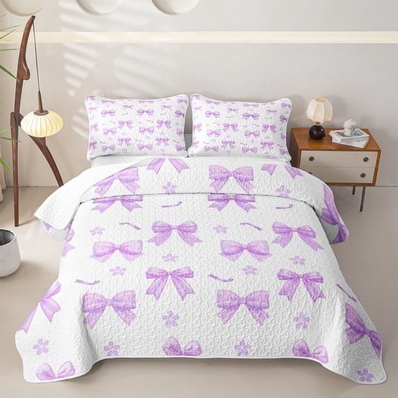 Erosebridal Kawaii Sakura Ribbon Bowknot Quilt King,Chic Floral Bow King Coverlet Set for Teens Girls