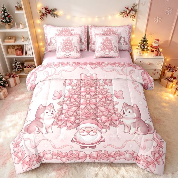 Erosebridal Kawaii Santa Husky Twin Bedding, Christmas Tree Bedding Comforter Set, Pink, Pink Reversible, 7pcs