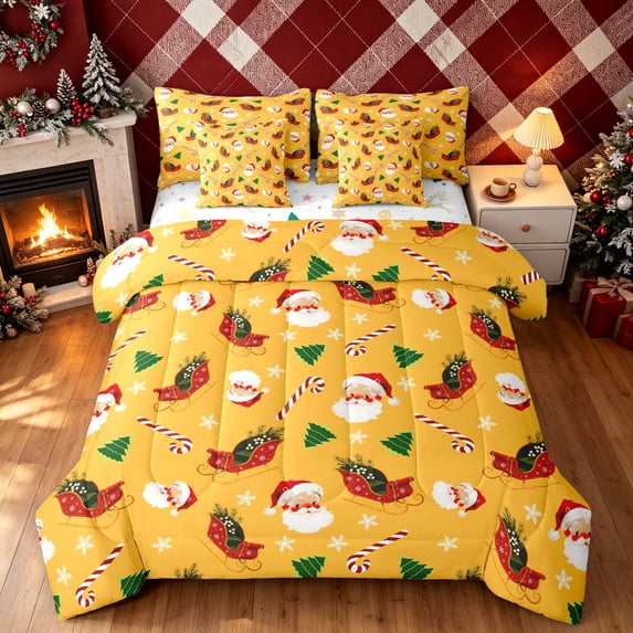 Erosebridal Kawaii Santa King Bedding, Sleigh Christmas King Bed in a Bag, Orange, Christmas Reversible, 7-Piece