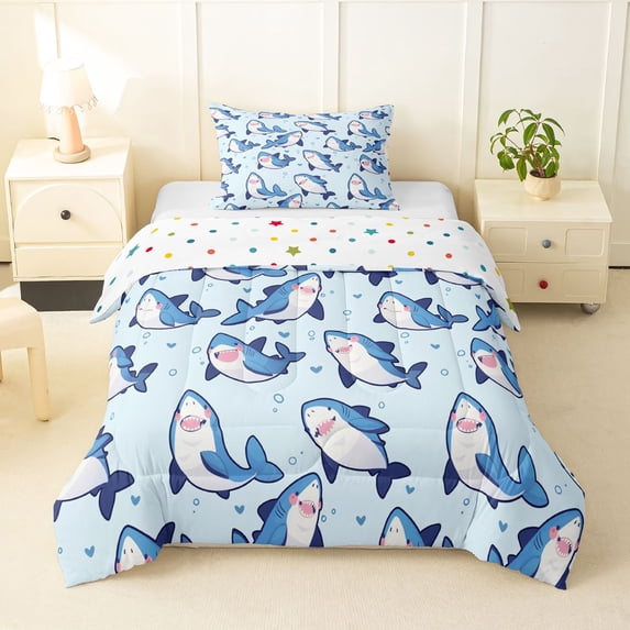 Erosebridal Kawaii Sea Shark Twin Comforter Sets 3-Piece For Teens,Cartoon Marine Animal Bedding Set,Super Cozy Room Decor