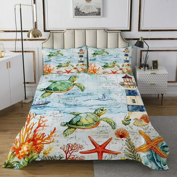 Erosebridal Kawaii Sea Turtle Bedspread Sets Twin Size, Orange Coral Bed Quilt, Nautical Marine Decor,