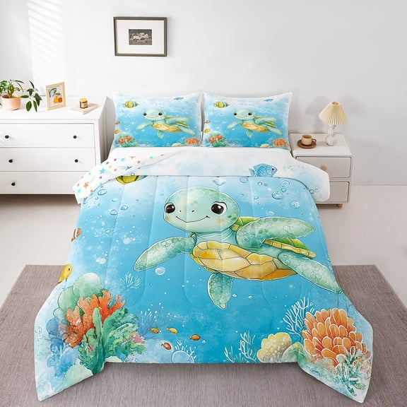 Erosebridal Kawaii Sea Turtle Comforter Sets Full Size, Marine Wildlife Comforters & Duvets, Ocean Theme Room Decor, Reversible 3 Pieces