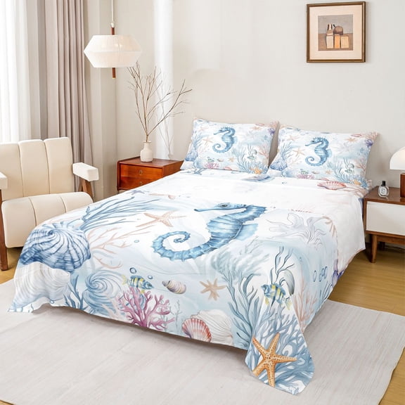 Erosebridal Kawaii Seahorse Bed Sheets,Ocean Animal Colorful Coral King Sheets For Boys Kids 4pcs