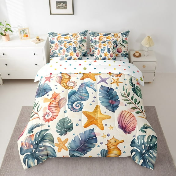 Erosebridal Kawaii Seahorse Bedding Queen Size, Ocean Starfish Bed in a Bag Queen size, Tropical Palm Decor, Reversible