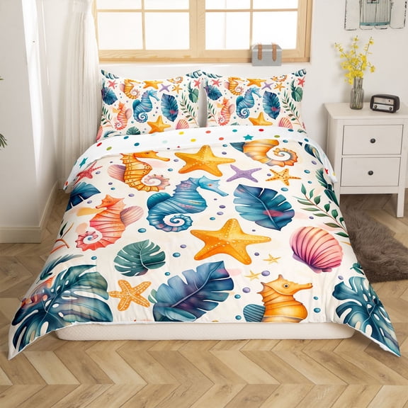 Erosebridal Kawaii Seahorse Duvet Cover Twin, Ocean Starfish Comforter Cover Twin, Tropical Palm Decor, Reversible