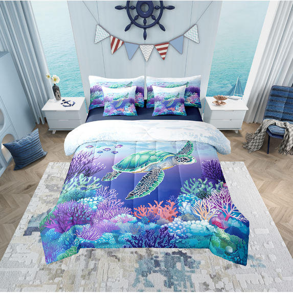 Erosebridal Kawaii Sealife Bed in a Bag Queen size, Sea Turtle Bed Set, Purple Coral Reversible Bedding Queen Size, Microfiber Bedroom Decorative, 7pcs