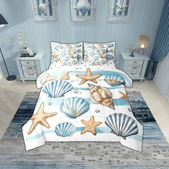 Erosebridal Kawaii Seashell Bedding Full Size, Cute Starfish Bed in a Bag Full size, Ocean Animal Decor, Reversible 7pcs