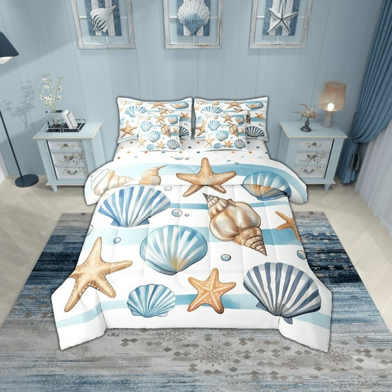 Erosebridal Kawaii Seashell Bedding Sets Twin Size, Cute Starfish Comforter Sets with Sheets, Ocean Animal Decor, Reversible 7pcs