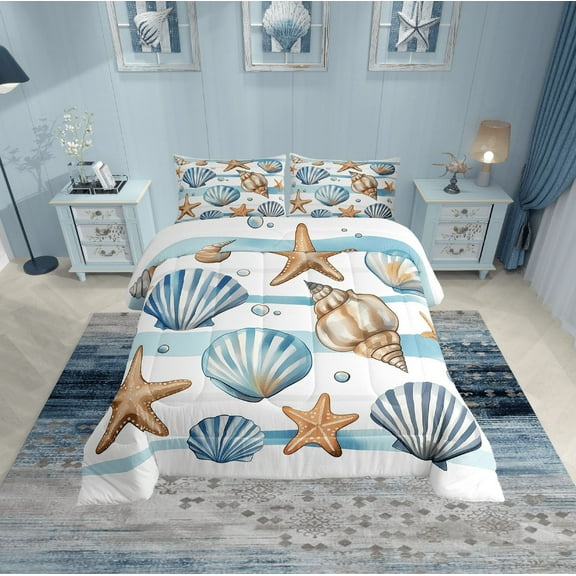 Erosebridal Kawaii Seashell Bedding Sets Twin with Comforter, Cute Starfish Duvet Insert, Ocean Animal Decor, Reversible 2pcs