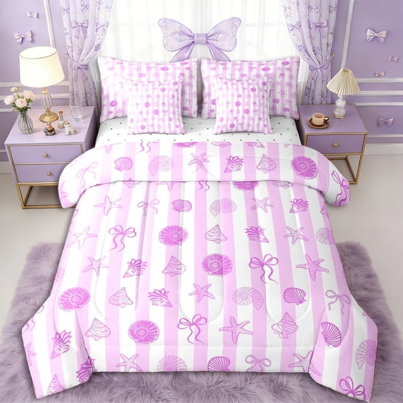 Erosebridal Kawaii Seashell Bowknot Bedding Comforter Set 7 Pieces for Kids Girls,Teens Sea Theme Stripes Full Bedding Set,Breathable Home Decor