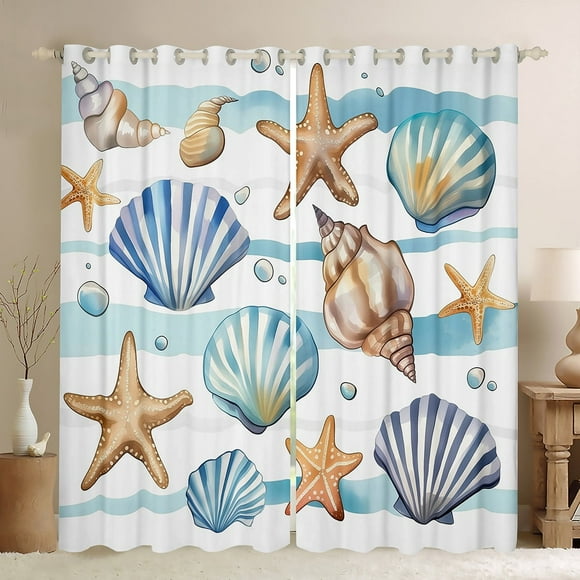 Erosebridal Kawaii Seashell Curtains for Living Room, Cute Starfish 30%-50% Blackout Curtains Set of 2 (38x45), Ocean Animal Decor